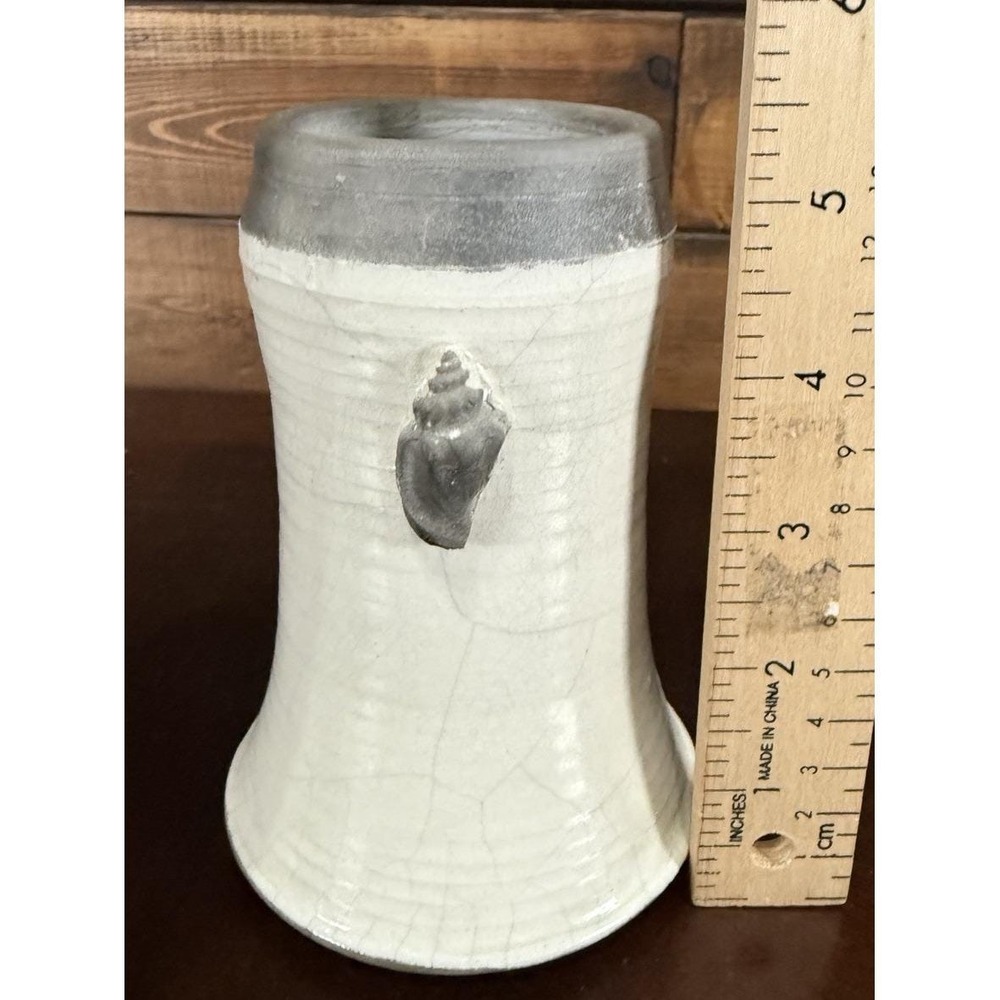 Studio Pottery Vase Coastal Hand Thrown Seashell Sprig & Two-Tone Crackle Glaze